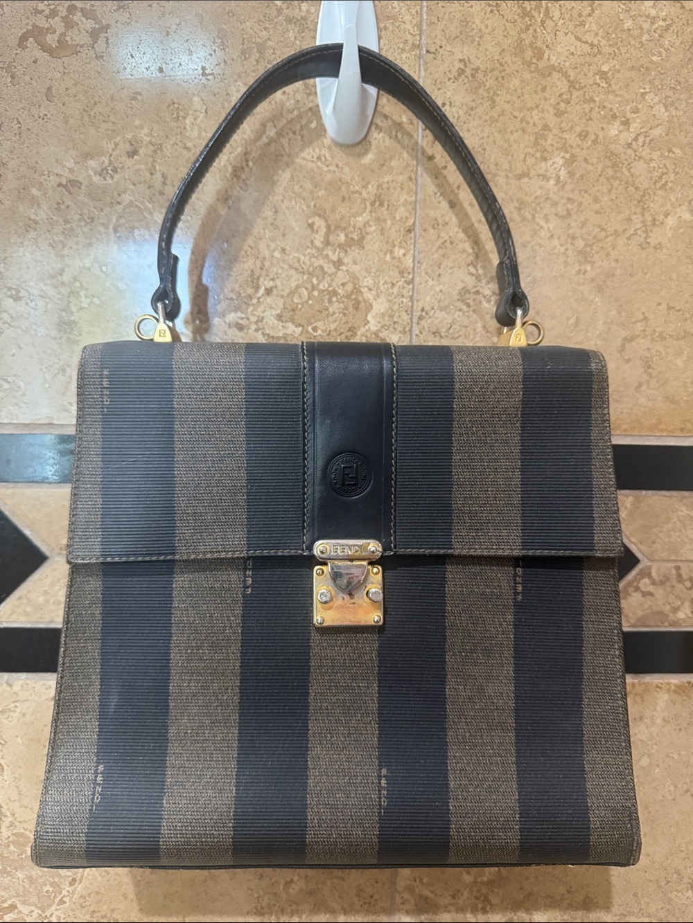 Authentic vintage Fendi Black and Brown Striped Top-Handle Satchel